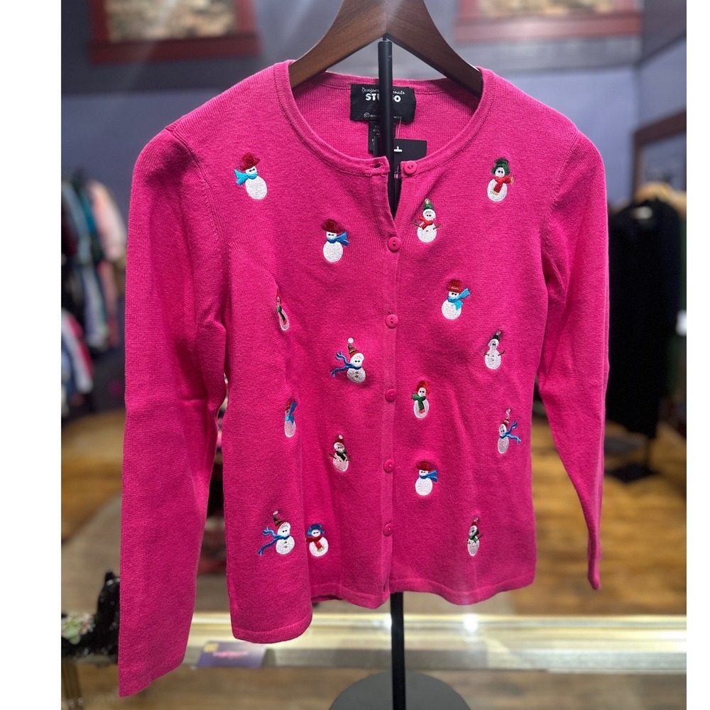 Designers Originals Studio Joy Pink Snowman Embroidered Button Front Cardigan M - Picture 1 of 4
